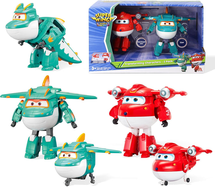 Super Wings 5" Transforming Characters 2-Pack Transforming Supercharged Jett + Tino, jucărie Transformer pentru băieți și fete de peste 3 ani, roșu Action figures Naty Shop Jett Tino