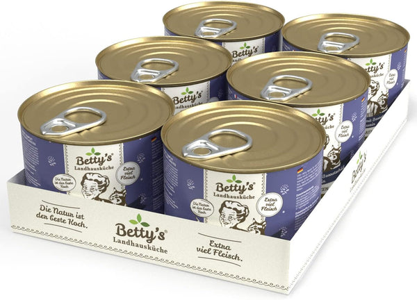 Betty'S Landhausküche cutie de hrană umedă pentru pisici, Fără cereale, Cea mai bună calitate, Carne de înaltă calitate, Gently cooked, Potrivit pentru toate rasele de pisici, Pui și fazan cu ulei de borangic 6 X 200 G