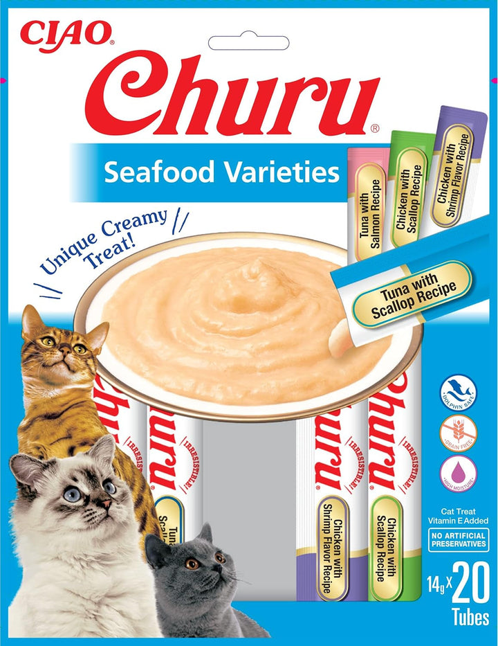 INABA Churu Hairball Control anti Hairball Tratamente premium pentru pisici cu taurină și fibre, pui și ton 20 X 14 G | Fără cereale, fără zahăr, fără subproduse, anti hairball cat