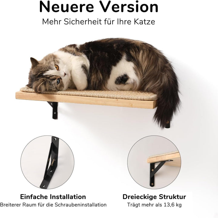 FUKUMARU Perete de cățărat pentru pisici, Perete pentru pat de pisică din lemn masiv de cauciuc cu grosimea de 2 cm, cu covoraș de zgârietură din sisal durabil, Șezlong/scări pentru pisici montat pe perete 40x25 cm