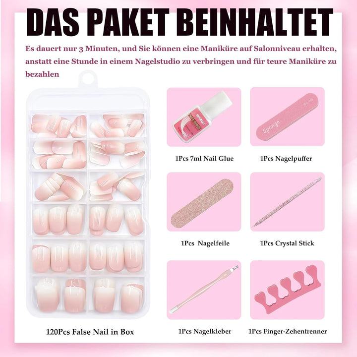 120 buc unghii false roz nud cu lipici de unghii - 12 dimensiuni unghii ovale scurte, pătrate, prin presare - unghii frumoase, unghii artificiale pentru lipire - potrivite pentru designul unghiilor DIY pentru femei (gradient roz Squoval)