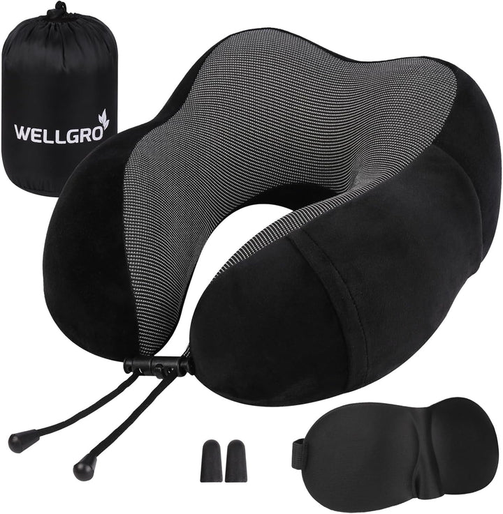 Set de perne pentru gât WELLGRO cu mască de somn 3D și dopuri pentru urechi - Husă detașabilă - Spumă cu memorie - Închidere cu fermoar - Inclusiv geantă de depozitare - Pernă de călătorie - Culoare selectabilă, Culoare:Gri Perne ortopedice cervicale Naty Shop Negru