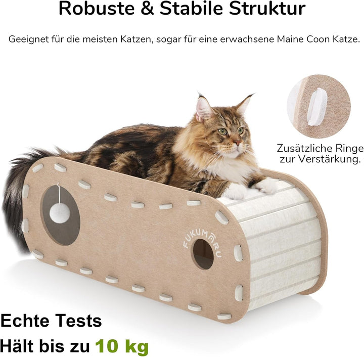 Pat pentru pisici FUKUMARU, Peșteră robustă din fetru de înaltă calitate, Casă pentru pisici de interior, Pat pentru pisici cu 2 straturi, Peșteră pentru pisici pentru dormit, joacă și ascundere, Peșteră din fetru bej