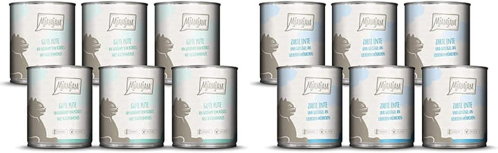 Mjamjam - Hrană umedă premium pentru pisici - Curcan bun cu dovleac aburit, pachet de 6 (6 X 800 G) & Hrană umedă premium pentru pisici - Rață și pasăre fragedă cu morcovi delicioși, pachet de 6 (6 X 800 G)