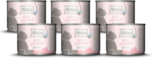 Mjamjam - Hrană umedă premium pentru pisici - Kitten Juicy Chicken cu ulei de somon, pachet de 6 (6 X 200 G), fără cereale, cu extra carne