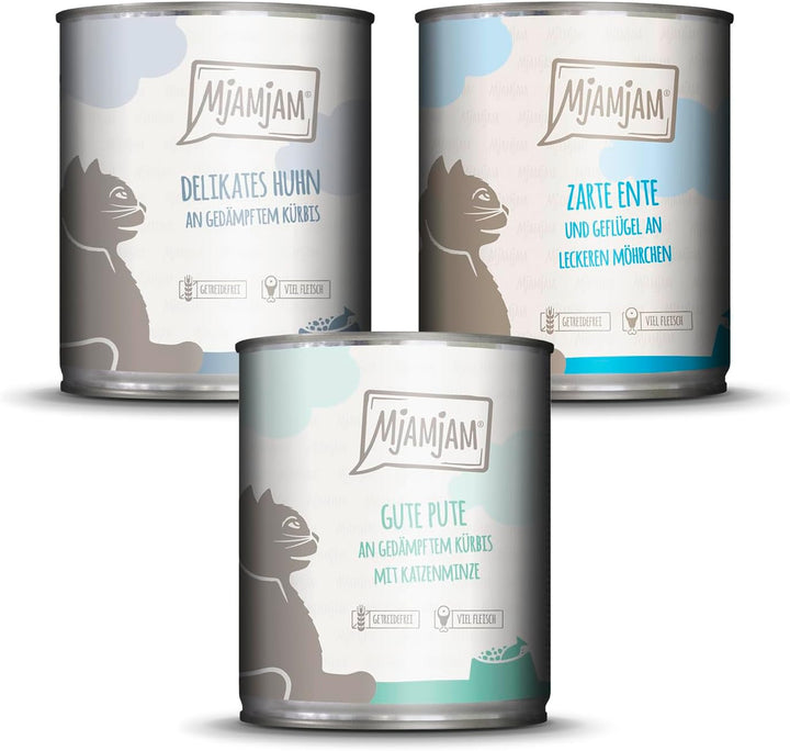 Mjamjam - Hrană umedă premium pentru pisici - Mixpaket II - Game & Rabbit, Turkey & - Hrană umedă premium pentru pisici - Pui suculent cu morcovi gustoși, pachet de 6 (6 X 800 G)