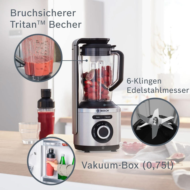 Bosch Vakuum-Standmixer Vitapower Serie 8 MMBV621M, Starke Mixleistung, Vitaminschonende Zubereitung, 4 Automatikprogramme, Vakuum-Togo Flasche, 37,000 U/Min, 1000 W, Silber Mama si Copilul Naty Shop