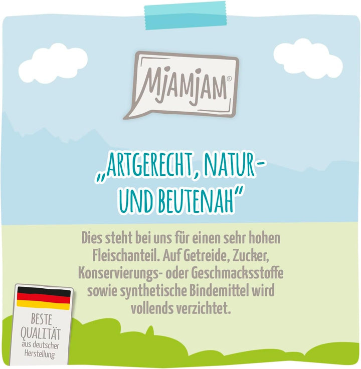 Mjamjam - Hrană umedă premium pentru pisici - Quetschie - Capră tandră cu morcovi delicioși, 1 pachet (1 X 300 G), fără cereale cu extra carne