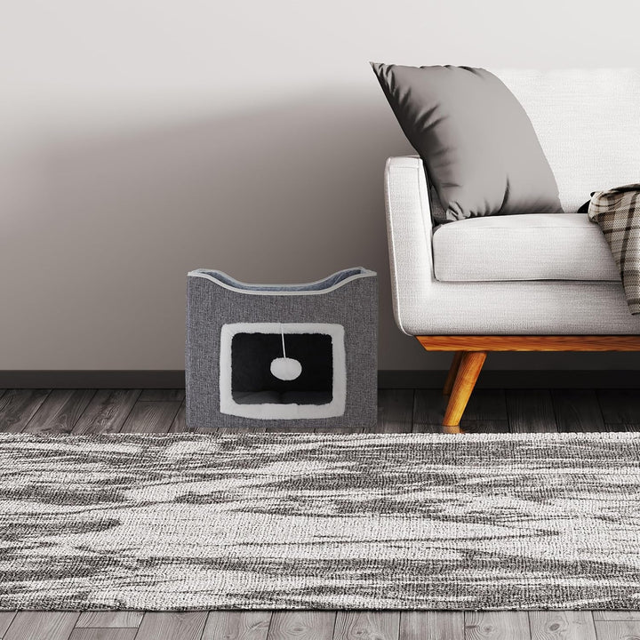 Peșteră Relaxdays pentru pisici, ÎxLxA: 32 x 40 x 40 cm, Zonă de zgâriat, Jucărie pentru pisici, 2 perne pentru pisici, Căsuță pliabilă pentru pisici, Gri