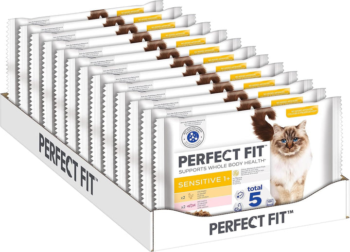 Perfect Fit Sensitive 1+ hrană umedă pentru pisici cu pui în sos, 12 pungi porție, 12X85G - Hrană umedă premium pentru pisici, Pentru pisici sensibile de la 1 an, Fără grâu și soia, Pentru susținerea digestiei