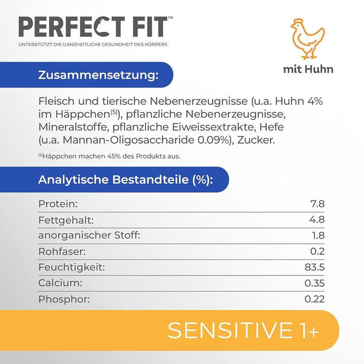 Perfect Fit Sensitive 1+ hrană umedă pentru pisici cu pui în sos, 12 pungi porție, 12X85G - Hrană umedă premium pentru pisici, Pentru pisici sensibile de la 1 an, Fără grâu și soia, Pentru susținerea digestiei