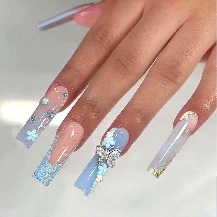 24 buc unghii artificiale albastru fluture, pătrate, unghii franțuzești prinse cu apăsare, lungi, sclipici, strălucitoare, stras, vârfuri unghii false