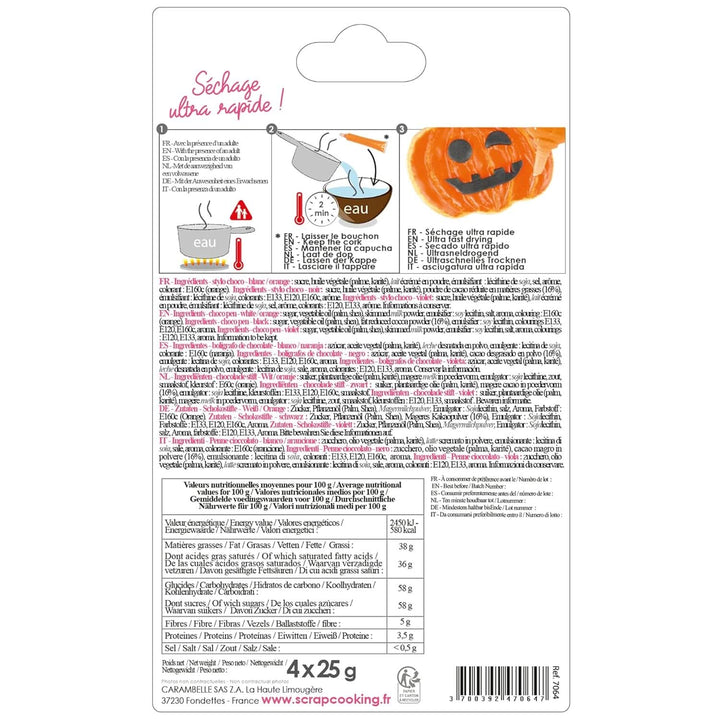 Scrapcooking - Set de 4 stilouri de ciocolată de Halloween - negru, portocaliu, violet și alb, scrieți și desenați pe deserturi, prăjituri și biscuiți Naty Shop