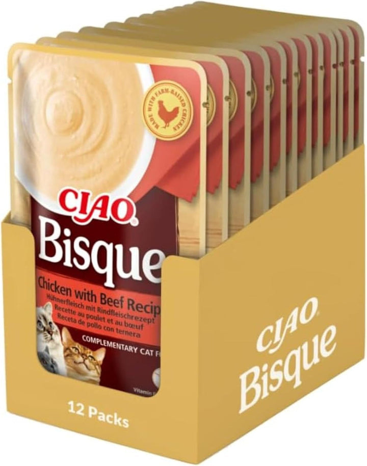 INABA Ciao Bisque Hrană umedă pentru pisici cu conținut scăzut de calorii cu 28% pui | Fără cereale, fără zahăr, fără subproduse, pastă cremoasă și supă delicioasă pentru pisici din Japonia 40 G (pachet de 12)