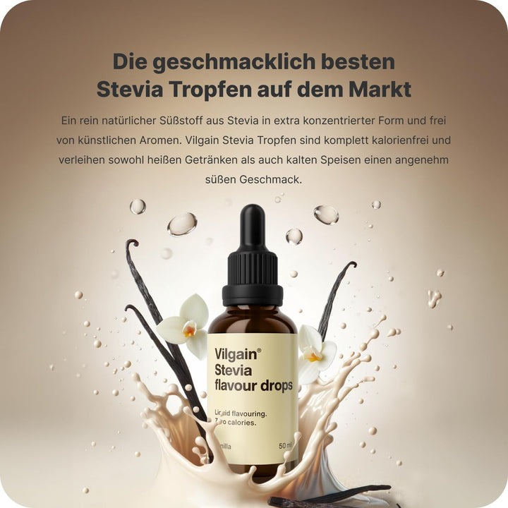 Vilgain Stevia Drops – Natürlicher Kalorienfreier Süßstoff, 5 Geschmacksrichtungen, Ideal Für Getränke, Backen & Diabetiker, Ohne Zucker, Hitzebeständig, Vegan & Ergiebig (50Ml, Vanille) Indulcitori Naty Shop