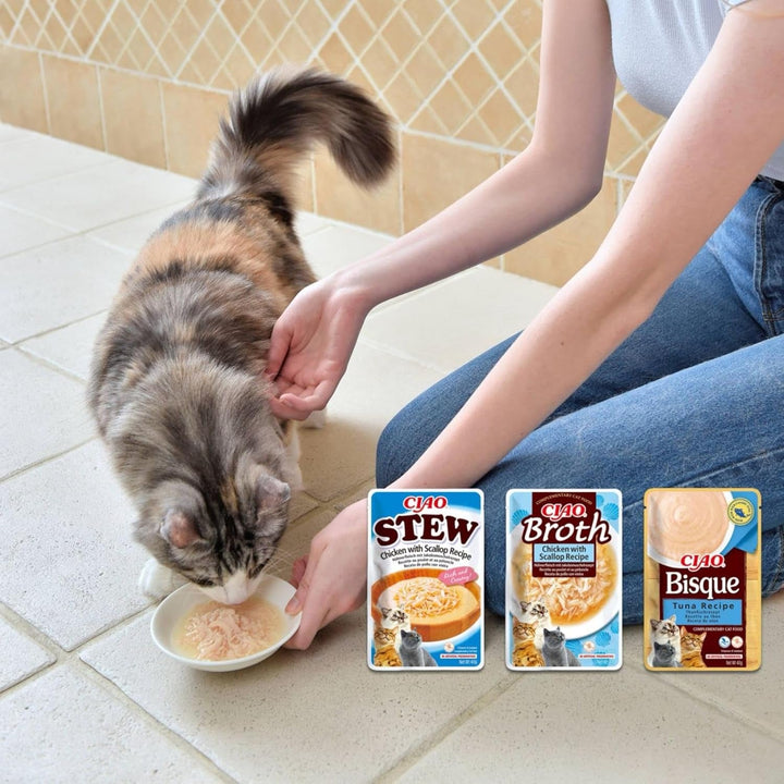 INABA Ciao Bisque Hrană umedă pentru pisici cu conținut scăzut de calorii cu 28% pui | Fără cereale, fără zahăr, fără subproduse, pastă cremoasă și supă delicioasă pentru pisici din Japonia 40 G (pachet de 12)