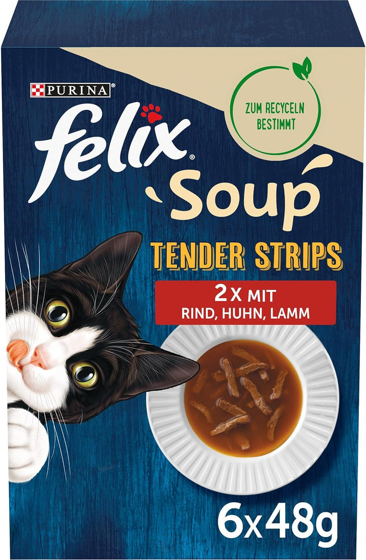 FELIX Soup Tender Strips, supă pentru pisici, varietate de arome de la țară, vită, pui, miel, 8-pachete (8X 6 pachete la 48 de grame)