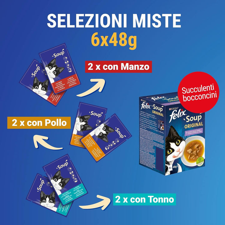 Purina Soup Original Hrană umedă pentru pisici cu carne de vită, pui și ton, 8 pachete a 48 de pungi a câte 48 g