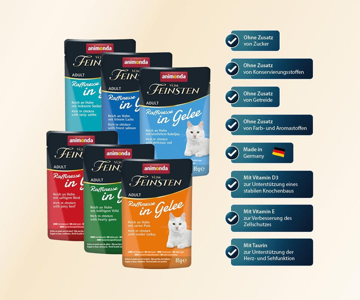 Animonda Vom Feinsten Adult Raffinesse Hrană pentru pisici în jeleu cu pui și carne de vită (24 X 85 G), hrană umedă cu taurină și vitamina D3, fără adaos de soia, zahăr și conservanți