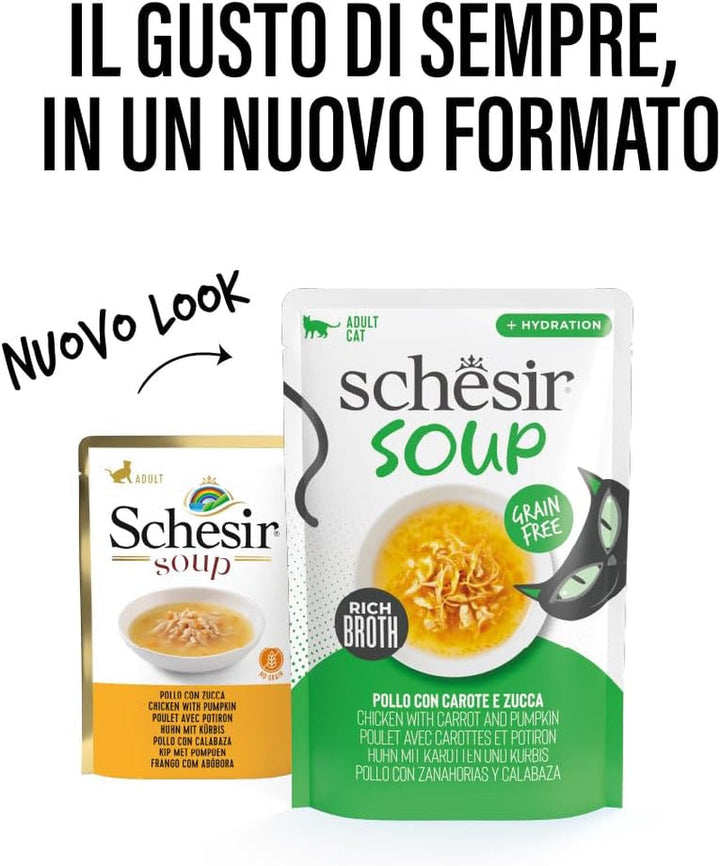 , Supă cu fileuri de pui cu morcovi și dovleac, hrană umedă complementară pentru pisici, rețeta originală, 100% naturală, 12 pungi a câte 40 g