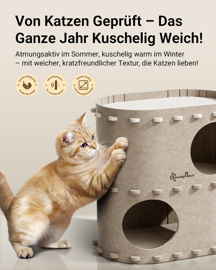Peșteră pentru pisici Downypaws din fetru, pat pentru pisici cu 2 niveluri, căsuță tip castel pentru joacă, design cald, protecție pentru unghiile pisicii, bej