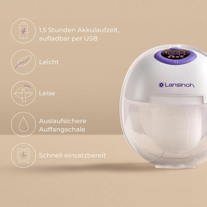 Lansinoh Tragbare Elektrische Doppelmilchpumpe – Freihändig Und Leise Abpumpen Ohne Kabel & Schläuche – Wiederaufladbarer Akku – Einfache Bedienung & Reinigung - Handsfree Accesorii Hrana si Alaptare Bebe Naty Shop