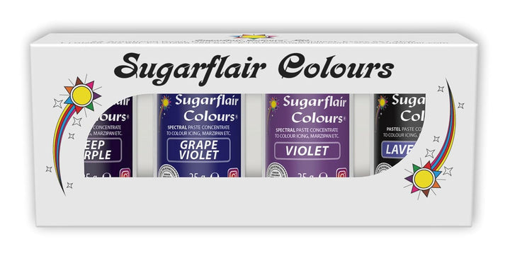 Coloranți alimentari pentru paste Sugarflair, violet, set de 4, coloranți alimentari pentru paste, fondant, marțipan, pastă de zahăr, cremă de unt și multe altele: violet, lavandă, violet struguri, violet intens - set de 4