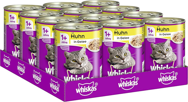 Whiskas hrană umedă pentru pisici Adult 1+ cu pui în jeleu, 12 cutii (12 X 400G)