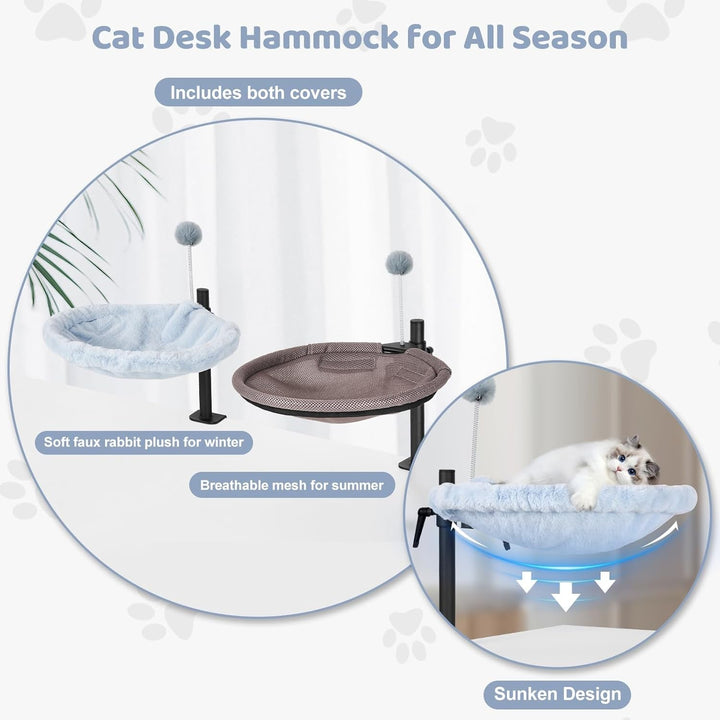 Pat pentru pisici Odoland pentru birou - Rotativ la 360° și reglabil pe înălțime, Hamac moale pentru pisici cu 2 huse lavabile, Loc de dormit pentru pisici la birou - Utilizare pe tot parcursul anului (Gri)