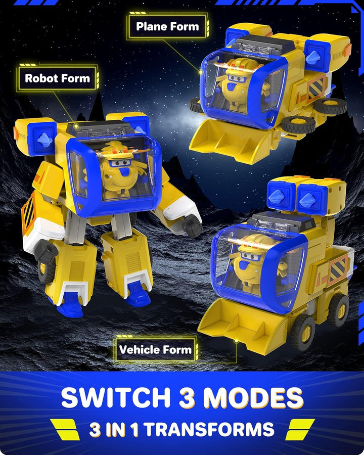 Super Wings EU750322 - Transforming New Robot Suit Donnie, Aprox. 23 cm figurină mare pentru copii, avion de jucărie transformabil și figurină robot, galben Action figures Naty Shop