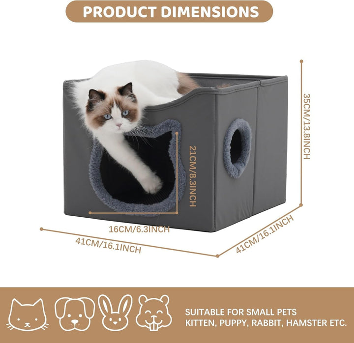 Casă pentru pisici Yosamy, căsuță pliabilă cu două straturi și stâlp de zgâriat pentru pisici, material rezistent la zgârieturi, lavabilă, pat de interior pentru pisici, 41 x 41 x 35 cm