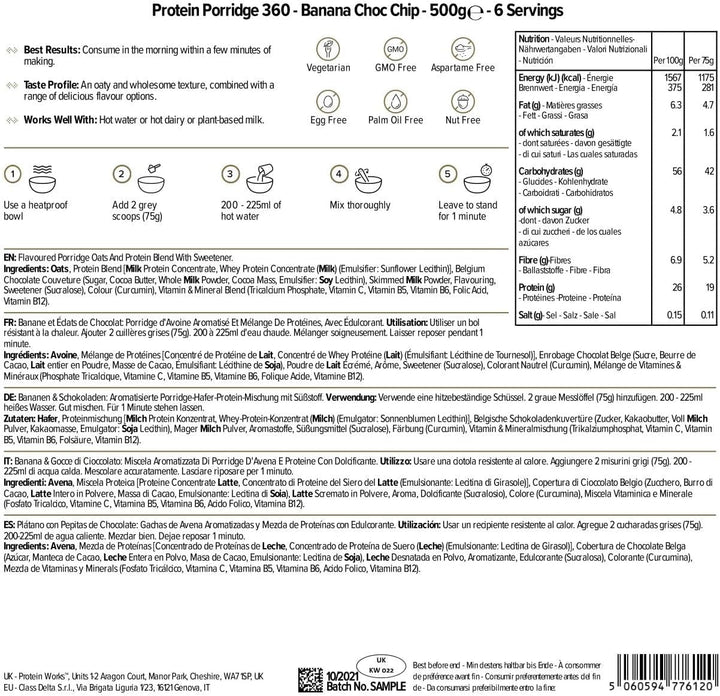 Protein Works - Protein Porridge 360 | Mit Zusätzlichen Vitaminen & Mineralien | Proteinreiches Frühstück | Kalorienarme Haferflocken | 6 Servings | Banane-Schoko-Chip | 500G Cereale Naty Shop