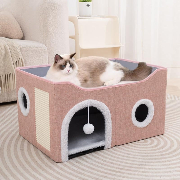 Peșteră pentru pisici, paturi pentru pisici, căsuță pentru pisici, peșteră pliabilă pentru pat de pisică cu scărpinat și minge de joacă, peșteră pliabilă pentru pat de pisică pentru dormit, ascundere, joacă și zgâriat (roz, mediu)