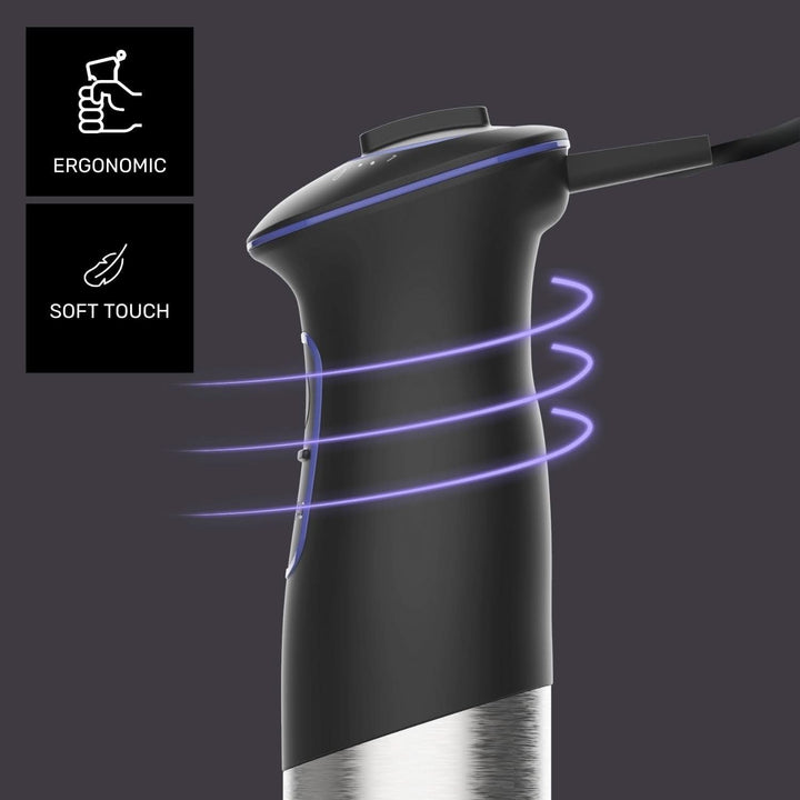 Taurus Stabmixer 1000W | 20 Geschwindigkeitsstufen | Turbo-Funktion | 4 Edelstahlklingen | Ergonomisches Soft-Touch-Design | Spritzschutz | Zubehör | Edelstahl | Elektrisch |Kunststoff, Silber/Schwarz Mama si Copilul Naty Shop