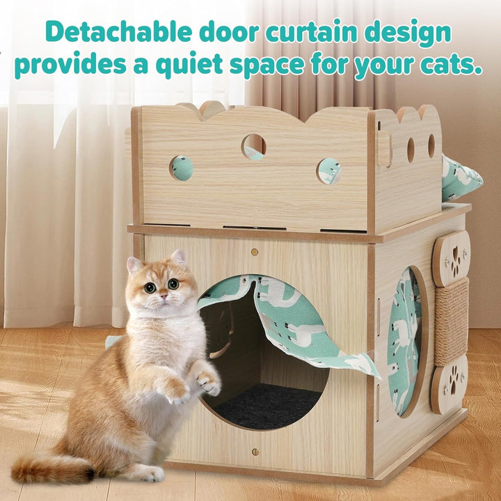 Căsuță din lemn pentru pisici cu covoraș moale, stivuibilă, pliabilă, cub pentru pisici, combinație de cățărat pentru pisici, cu îmbinare spațială