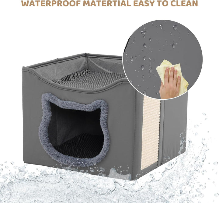 Casă pentru pisici Yosamy, căsuță pliabilă cu două straturi și stâlp de zgâriat pentru pisici, material rezistent la zgârieturi, lavabilă, pat de interior pentru pisici, 41 x 41 x 35 cm