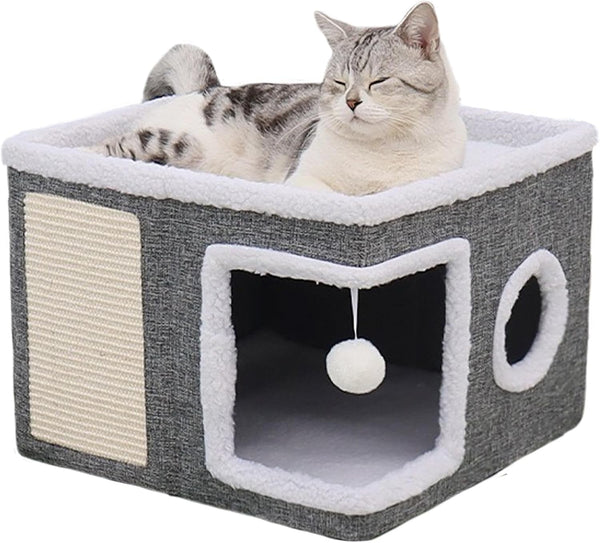 Căsuță pliabilă pentru pisici Maycoly, 40 x 40 x 31 cm, cu jucărie agățată, zgâriată pentru pisici, gaură pentru pisici, pernă moale lavabilă pe două fețe, potrivită pentru animale de companie mici și medii