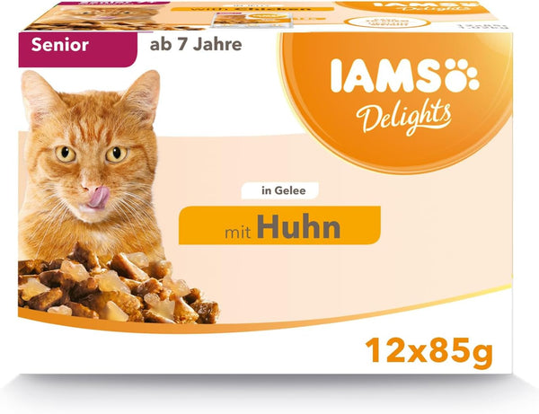 IAMS Delights Senior Cat Food Wet - Multipack cu pui în jeleu, hrană umedă de înaltă calitate pentru pisici mai în vârstă de la 7 ani, 12 X 85 G