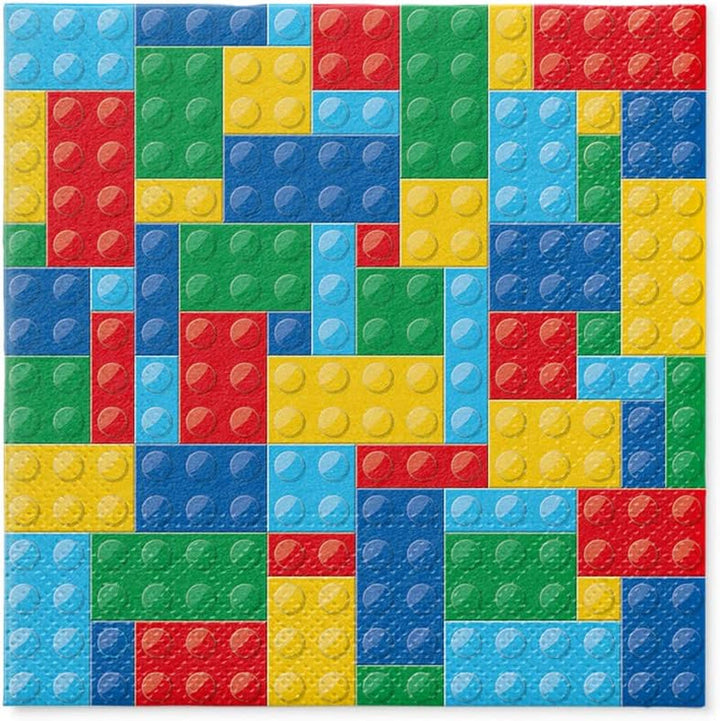 PAW - Șervețele 3 straturi (33 X 33 Cm) I 20 bucăți I Perfect pentru zilele de naștere ale copiilor, petreceri, comuniuni și sărbători I Șervețele de hârtie colorate cu motivul petrecerii I Blocuri, petreceri, jucării - Cărămizi colorate