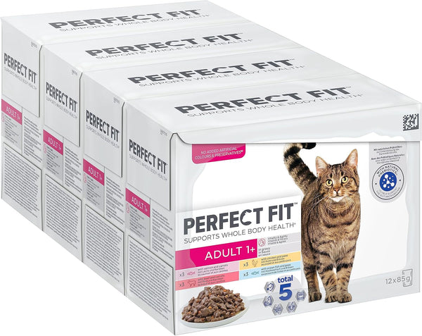Perfect Fit Adult 1+ Wet Cat Food Selection With Salmon, Ocean Fish, Beef And Chicken, 48 plicuri, 12X85G (pachet de 4) - Hrană umedă premium pentru pisici, pentru pisici adulte de peste 1 an