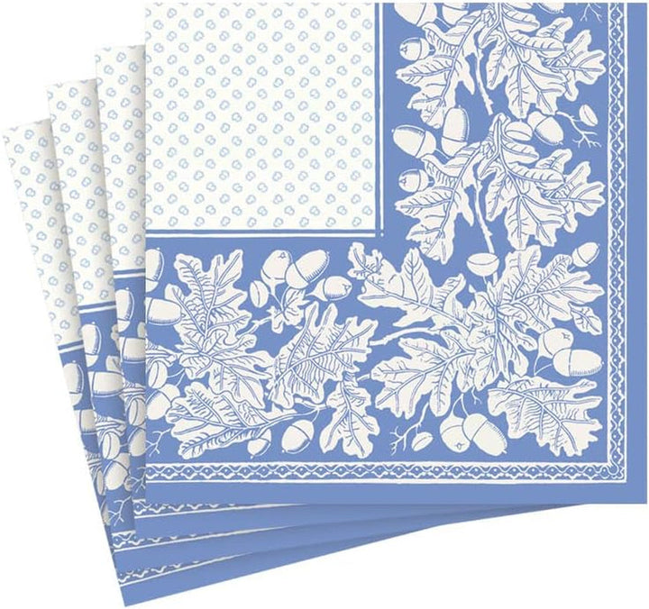 Șervețele de cocktail, frunze de stejar și ghinde, lenjerie, albastru francez și alb, 15 bucăți per pachet