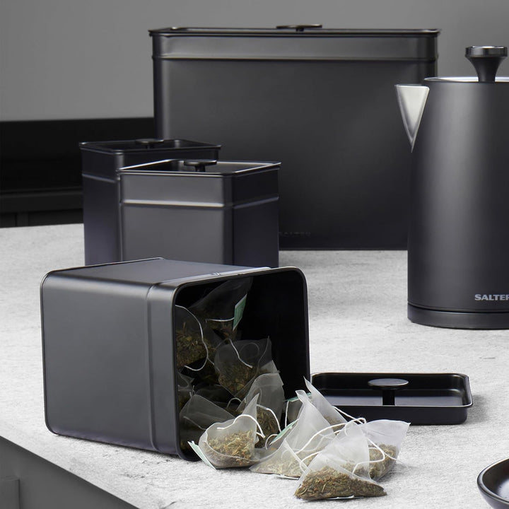 Salter BW12614EU7 Set de cutii de depozitare Kuro - 4 recipiente de bucătărie, pâine/ceai/cafea/zahăr, cutii pătrate de organizare, ușor de curățat, păstrează alimentele proaspete, negru Cutii depozitare alimente Naty Shop