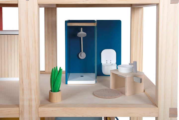 Casă de păpuși din lemn Small Foot, culori naturale - 3 etaje cu terasă pe acoperiș și set de mobilier din 51 de piese, încurajează jocul creativ, potrivită de la 3 ani, 12541 Casute de papusi Naty Shop