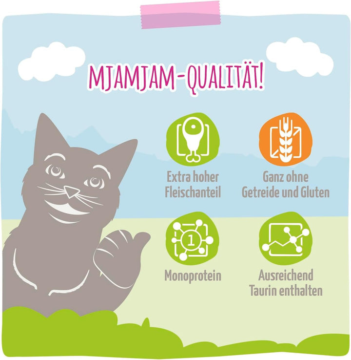 Mjamjam - Hrană umedă premium pentru pisici - Squeeze - Porc suculent cu morcovi delicioși, pachet de 6 (6 X 300G), fără cereale cu extra carne