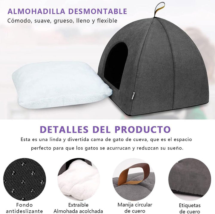 Pat pentru pisici, Peșteră moale pentru pisici, Paturi moi și calde din pluș, Cuib pentru pisici cu pernă interioară detașabilă (Gri L)