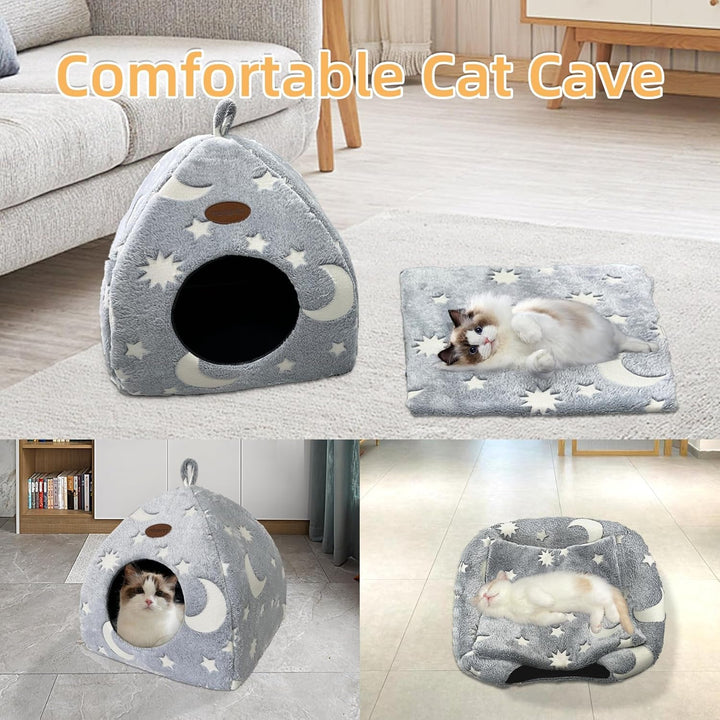 Peșteră pentru pisici, căsuță de pluș cu pernă lavabilă, cort pliabil pentru pisici, peșteră cu mâner, pat moale și cald pentru pisici de interior, 33 x 33 x 35 cm