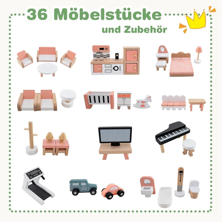 Casă de păpuși din lemn FANTASK, casă de păpuși de 83 cm înălțime cu 36 de piese de mobilier și accesorii, vilă de păpuși cu 6 camere, terasă și garaj, cadou pentru fete de la 3 ani Casute de papusi Naty Shop