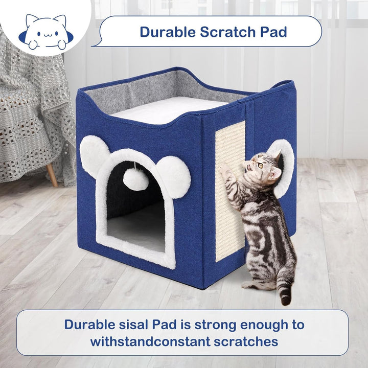Casă pliabilă pentru pisici, casă mare pentru pisici, peșteră pentru pisici și câini mici, cu zgârietură și minge pufoasă, albastră