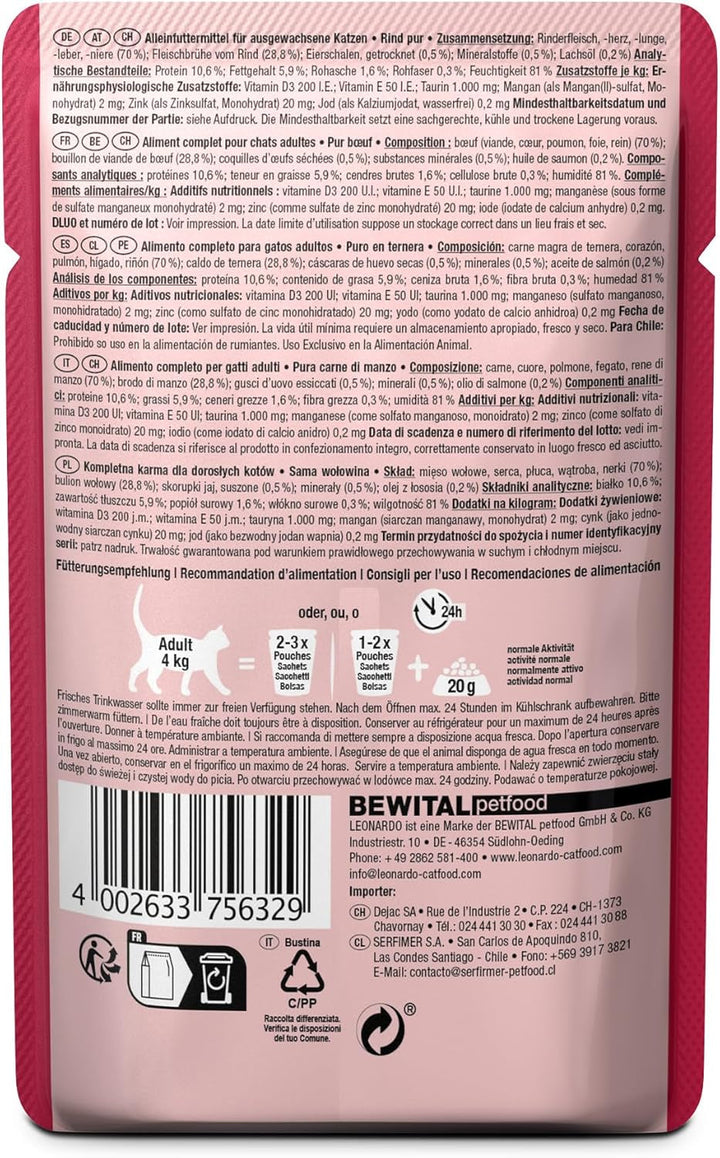 Leonardo Fresh Pouch [16X85G Pure Beef] | Hrană umedă fără cereale pentru pisici | Hrană umedă completă în pungă cu o singură porție