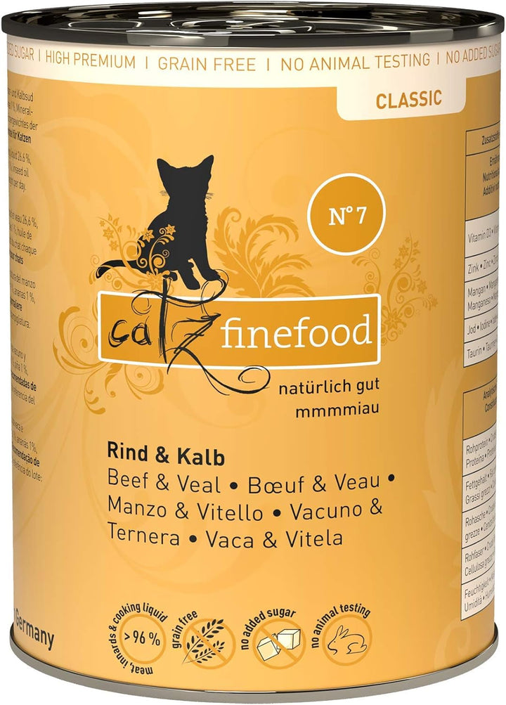 Catz Finefood N° 7 Carne de vită și vițel Delicatessen Hrană umedă pentru pisici, rafinată cu caise și ananas, pungă 16 X 85G